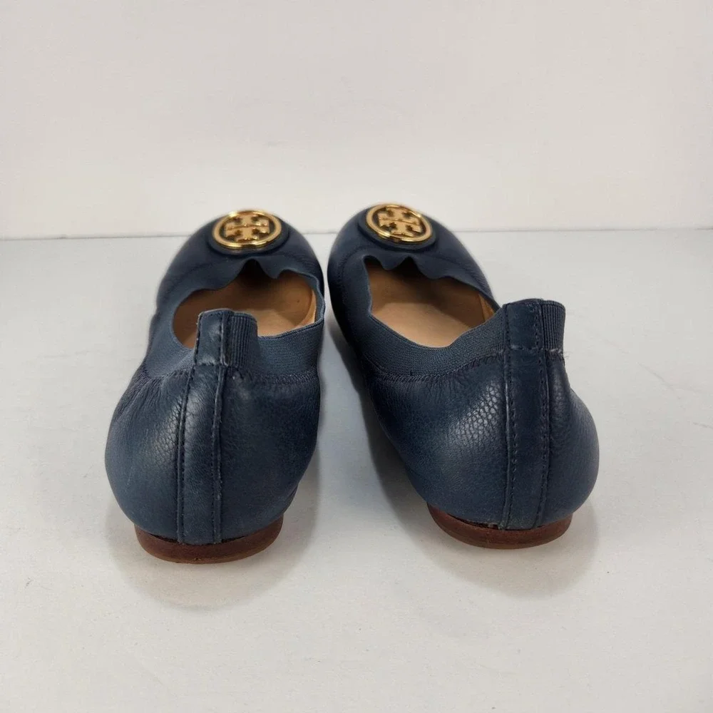 Tory Burch Reva Ballet Flats Women's 6 M Navy Blue Leather Gold Logo Shoes